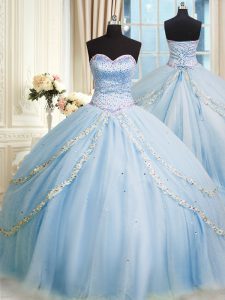 Sweet Baby Blue Sleeveless Organza Court Train Lace Up Quince Ball Gowns for Military Ball and Sweet 16 and Quinceanera