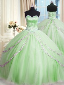Apple Green Sleeveless Tulle Court Train Lace Up Quinceanera Gowns for Military Ball and Sweet 16 and Quinceanera