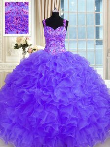 Wonderful Purple Straps Neckline Beading and Embroidery and Ruffles Quinceanera Court of Honor Dress Long Sleeves Lace Up