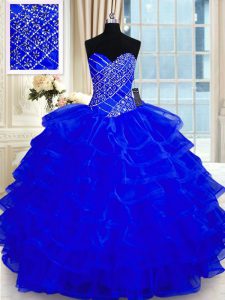 Excellent Floor Length Royal Blue Quinceanera Dress Organza Sleeveless Beading and Ruffled Layers
