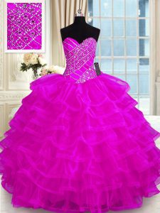 Best Selling Organza Sweetheart Sleeveless Lace Up Beading and Ruffled Layers Quinceanera Gown in Fuchsia
