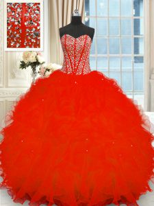 Ball Gowns Ball Gown Prom Dress Red Strapless Organza Sleeveless Floor Length Lace Up