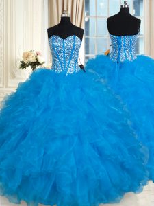 Decent Floor Length Lace Up Quinceanera Gown Baby Blue for Military Ball and Sweet 16 and Quinceanera with Beading and Ruffles
