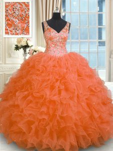 Glorious V-neck Sleeveless Quinceanera Gown Floor Length Beading and Ruffles Orange Red Organza