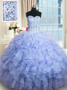 Lavender Lace Up Ball Gown Prom Dress Beading and Ruffles Sleeveless Floor Length