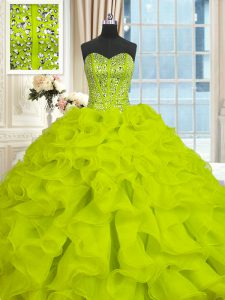 New Style Yellow Green Lace Up Sweetheart Beading and Ruffles Quinceanera Gowns Organza Sleeveless Brush Train