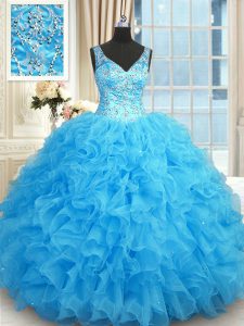 Blue Sleeveless Floor Length Beading and Ruffles Zipper Quince Ball Gowns