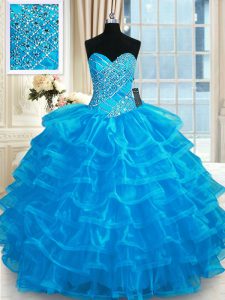 Hot Selling Sweetheart Sleeveless Quince Ball Gowns Floor Length Beading and Ruffled Layers Blue Organza