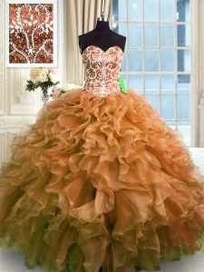 Custom Design Beading and Ruffles Quinceanera Gown Brown Lace Up Sleeveless Floor Length