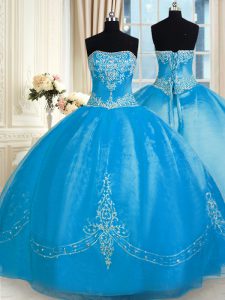 Strapless Sleeveless Tulle Quinceanera Dress Embroidery Lace Up