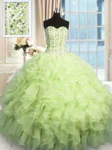Sleeveless Floor Length Beading and Ruffles and Sequins Lace Up Quinceanera Gowns with Yellow Green