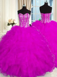 Fuchsia Sweetheart Lace Up Beading and Ruffles Dama Dress Sleeveless