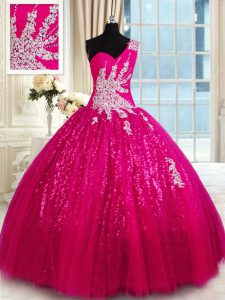 Modern One Shoulder Floor Length Ball Gowns Sleeveless Hot Pink Sweet 16 Quinceanera Dress Lace Up