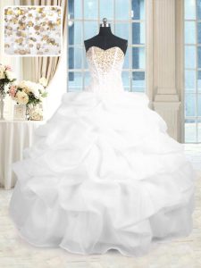 Dramatic Sweetheart Sleeveless Quinceanera Gowns Floor Length Beading and Ruffles White Organza