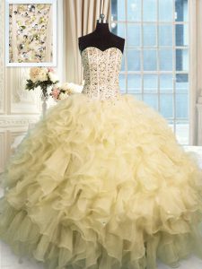 Lovely Champagne Organza Lace Up Sweetheart Sleeveless Floor Length Quinceanera Dresses Beading and Ruffles