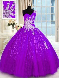 Luxurious One Shoulder Sleeveless Tulle and Sequined Floor Length Lace Up Ball Gown Prom Dress in Purple with Appliques