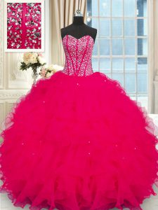 Strapless Sleeveless Sweet 16 Quinceanera Dress Floor Length Beading and Ruffles Coral Red Organza