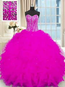 Elegant Strapless Sleeveless Lace Up 15th Birthday Dress Fuchsia Organza