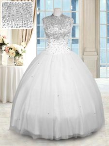 Fabulous Sleeveless Floor Length Beading Zipper 15 Quinceanera Dress with White