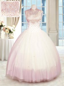 Tulle High-neck Sleeveless Zipper Beading Quince Ball Gowns in Baby Pink