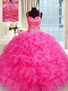 Fantastic Hot Pink Sleeveless Embroidery and Ruffles Floor Length 15 Quinceanera Dress