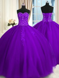 Purple Lace Up Sweetheart Appliques Quince Ball Gowns Tulle Sleeveless