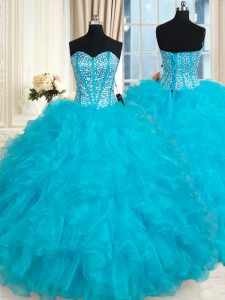 Suitable Aqua Blue Sleeveless Floor Length Beading and Ruffles Lace Up Quinceanera Dress
