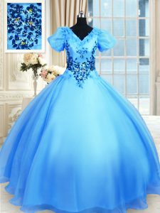 Fantastic Short Sleeves Organza Floor Length Lace Up Sweet 16 Quinceanera Dress in Baby Blue with Appliques