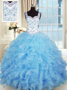 Fashion Baby Blue Sleeveless Organza Lace Up Quinceanera Gowns for Military Ball and Sweet 16 and Quinceanera