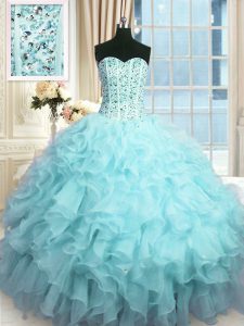 Trendy Baby Blue Sweetheart Lace Up Beading and Ruffles and Sequins Vestidos de Damas Sleeveless