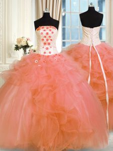 Gorgeous Tulle Strapless Sleeveless Lace Up Pick Ups and Hand Made Flower 15 Quinceanera Dress in Orange