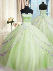 Yellow Green Sleeveless Court Train Beading and Appliques With Train Quinceanera Dresses