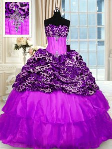 Printed Purple Strapless Neckline Beading and Ruffled Layers Quinceanera Dress Sleeveless Lace Up