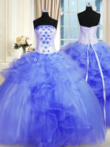 Delicate Pick Ups Strapless Sleeveless Lace Up Sweet 16 Quinceanera Dress Blue Tulle