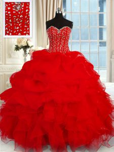 Super Wine Red Sleeveless Beading and Ruffles Floor Length Ball Gown Prom Dress