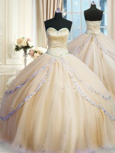 With Train Ball Gowns Sleeveless Champagne Dama Dress Court Train Lace Up