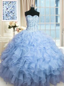 Flare Beading and Ruffles and Sequins Sweet 16 Dress Light Blue Lace Up Sleeveless Floor Length