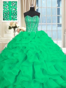 High Class Turquoise Sleeveless Organza Brush Train Lace Up Sweet 16 Dress for Military Ball and Sweet 16 and Quinceanera