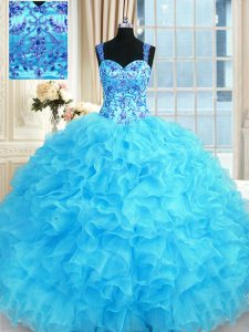 Affordable Organza Straps Sleeveless Lace Up Embroidery and Ruffles Vestidos de Quinceanera in Baby Blue