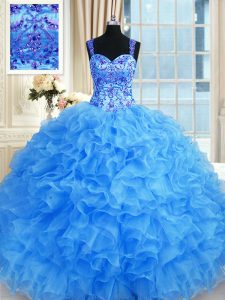 Baby Blue Organza Lace Up Quinceanera Dress Sleeveless Floor Length Beading and Embroidery and Ruffles