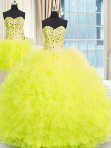 Three Piece Yellow Strapless Neckline Beading and Ruffles Quinceanera Gowns Sleeveless Lace Up