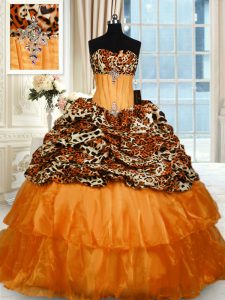 Dynamic Printed Orange Strapless Lace Up Beading and Ruffled Layers Quinceanera Gown Sweep Train Sleeveless