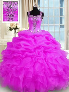 Comfortable Floor Length Zipper Quince Ball Gowns Fuchsia for Military Ball and Sweet 16 and Quinceanera with Beading and Ruffles