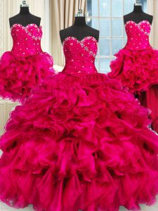 Four Piece Floor Length Three Pieces Sleeveless Hot Pink Quinceanera Dresses Lace Up