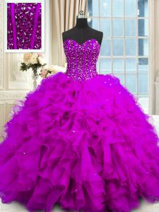 Fine Purple Ball Gowns Organza Sweetheart Sleeveless Beading and Ruffles and Sequins Floor Length Lace Up Sweet 16 Dress