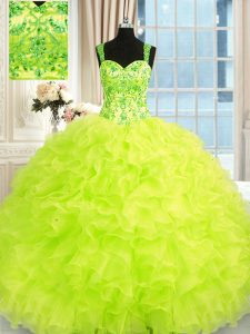 Straps Sleeveless Quinceanera Dresses Floor Length Beading and Embroidery and Ruffles Yellow Green Organza