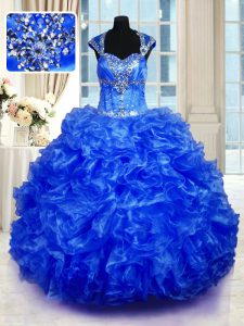Straps Cap Sleeves Lace Up Quinceanera Gown Royal Blue Organza