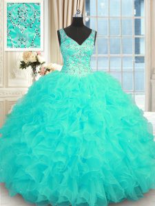 Aqua Blue Ball Gowns Organza V-neck Sleeveless Beading and Ruffles Floor Length Zipper 15 Quinceanera Dress