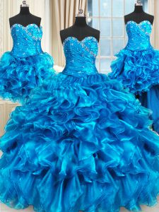 Four Piece Sleeveless Lace Up Floor Length Beading and Ruffles and Ruching Quinceanera Gown