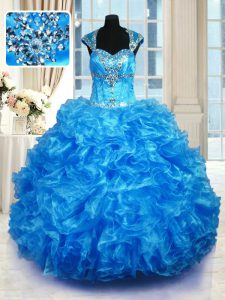 Custom Designed Floor Length Ball Gowns Cap Sleeves Baby Blue Custom Made Lace Up